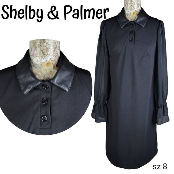 Shelby & Palmer Faux Leather Collar Button Up Sheer Blousy Sleeves Black Dress - Picture 2 of 12